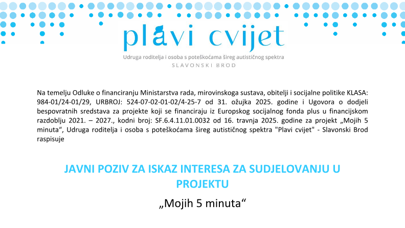 Pročitajte više o članku JAVNI POZIV ZA ISKAZ INTERESA ZA SUDJELOVANJU U  PROJEKTU „Mojih 5 minuta“